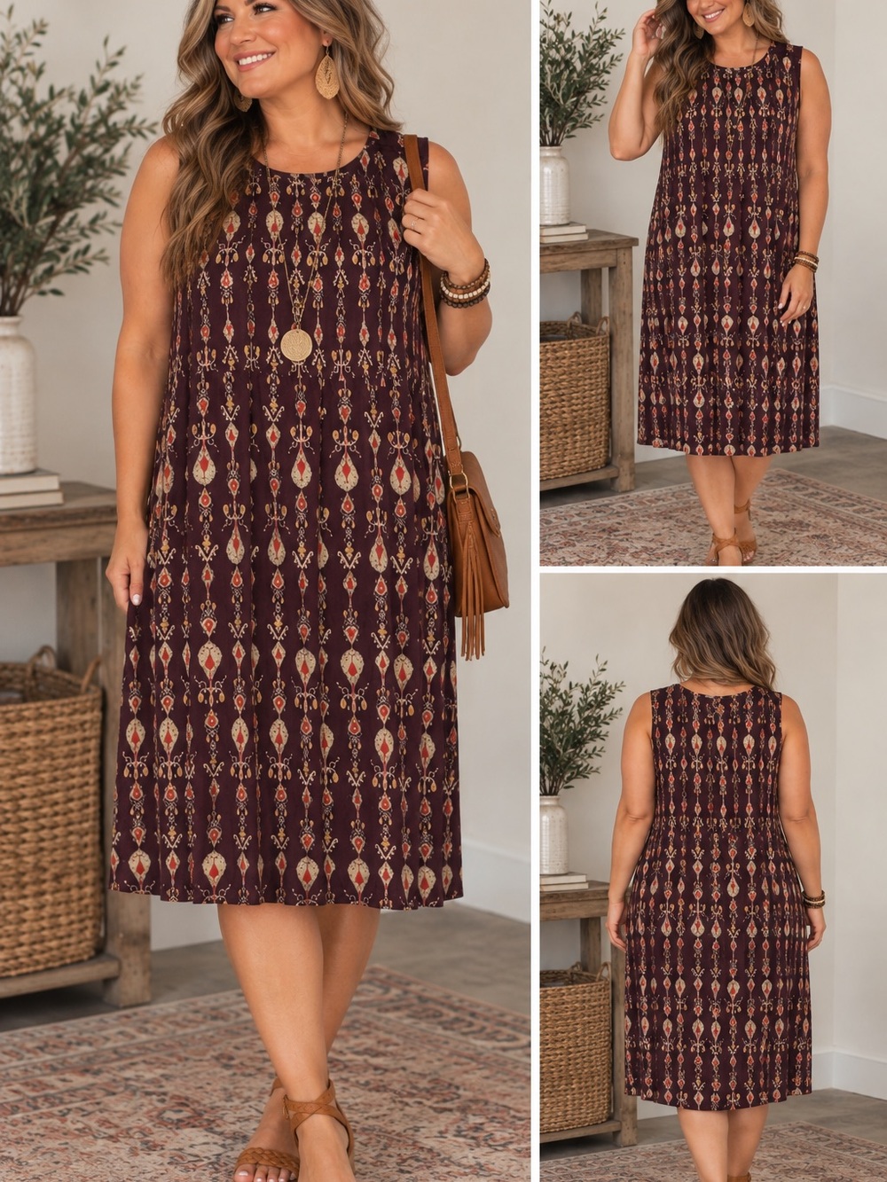 Knox Rose Burgundy & Beige Patterned Sleeveless Midi Dress